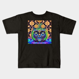 Psychedelic Abstract Black Cat Jack O Lantern Kids T-Shirt